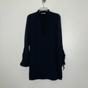 Anine Bing Black Silk Long Sleeve Ruffle Detail V Neck Shift Dress Size Small